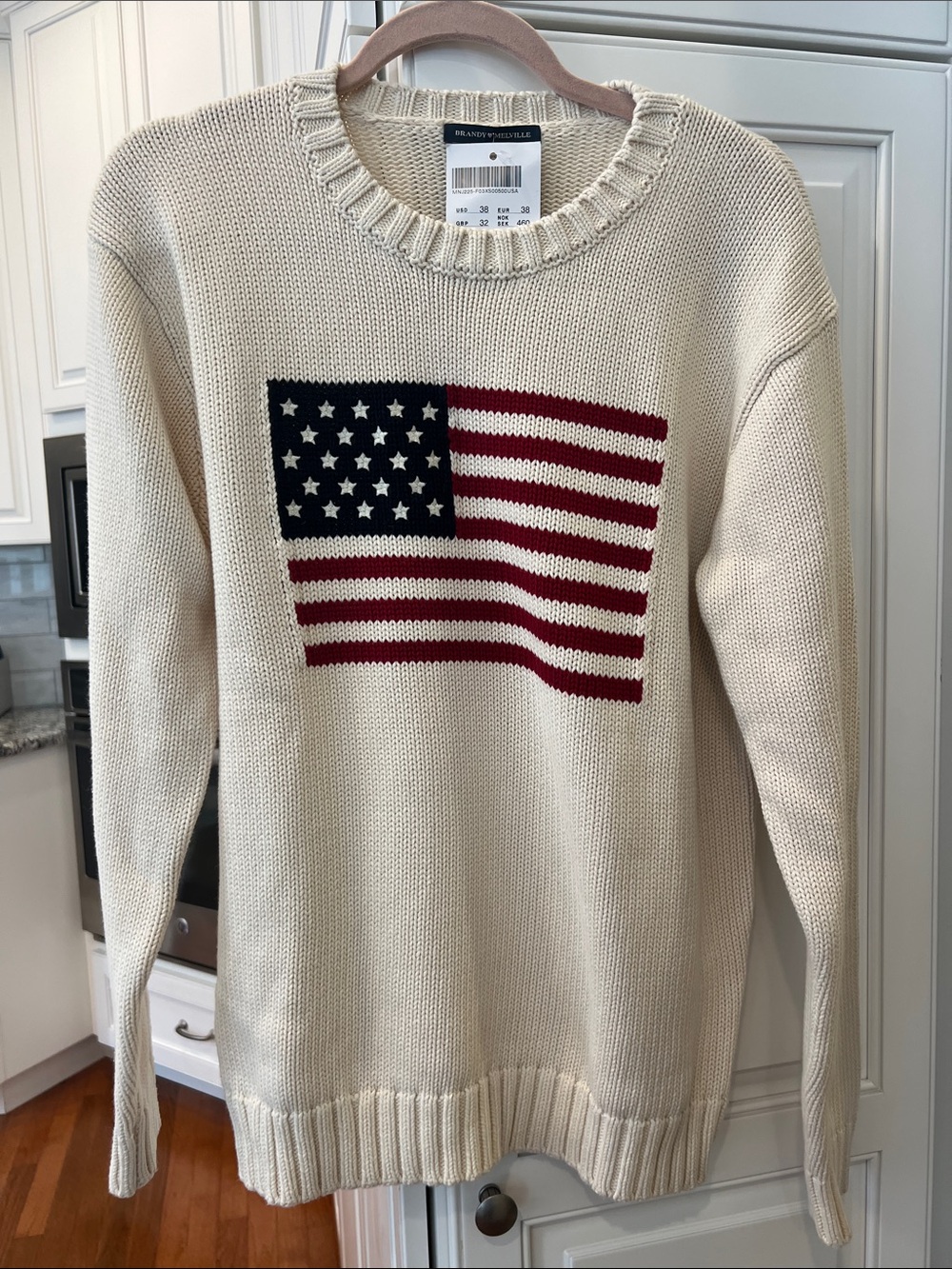 Brandy Melville Cream Knit Sweater with Navy & Red Flag